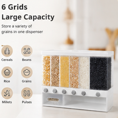 6-Grid Airtight Food & Grain Dispenser | 10L Large Capacity | Kitchen Storage Organizer with One-Press Dispensing | For Rice, Pulses, Cereals, Dry Fruits